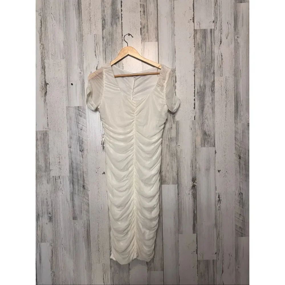 Fashion Nova White Ruched Bodycon Dress Mesh Sheer Short Sleeve Midi Dress Size